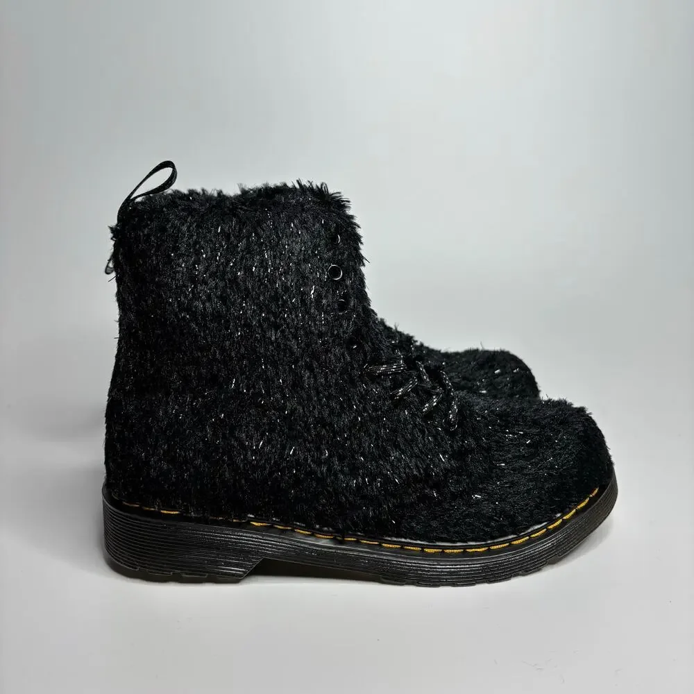 Dr. Martens Junior 1460 Pascal Tinsel Fur Lace Up Boots in Black